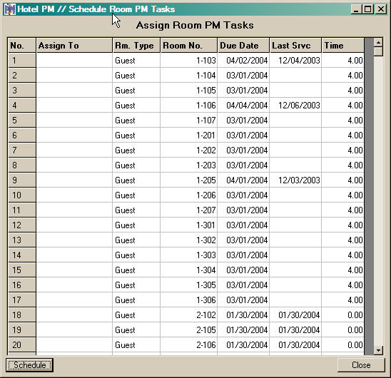 Initial Room PM Schedule List